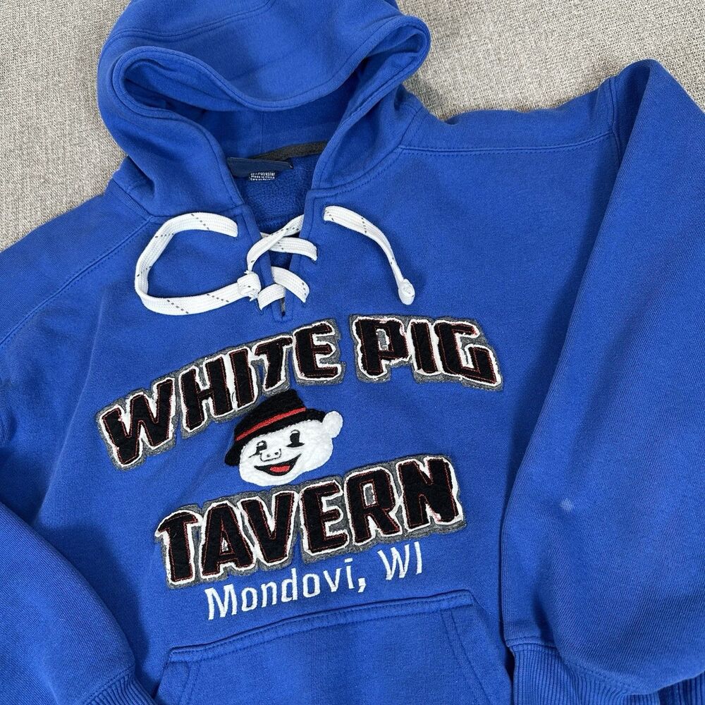 Vintage Style Medium White Pig Tavern Mondovi Wisconsin Blue Hoodie Dive Bar